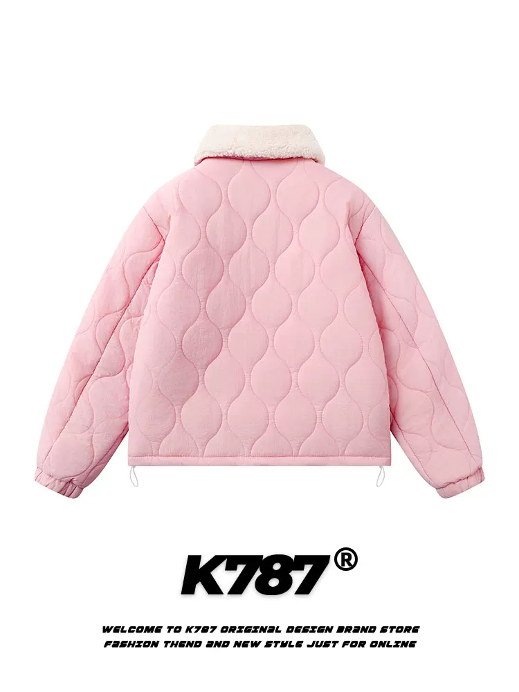 Áo khoác cotton dày lót lông cừu cổ lông nhăn kiểu Mỹ cổ điển K787 dành cho nam và nữ, phong cách preppy cổ điển, màu hồng