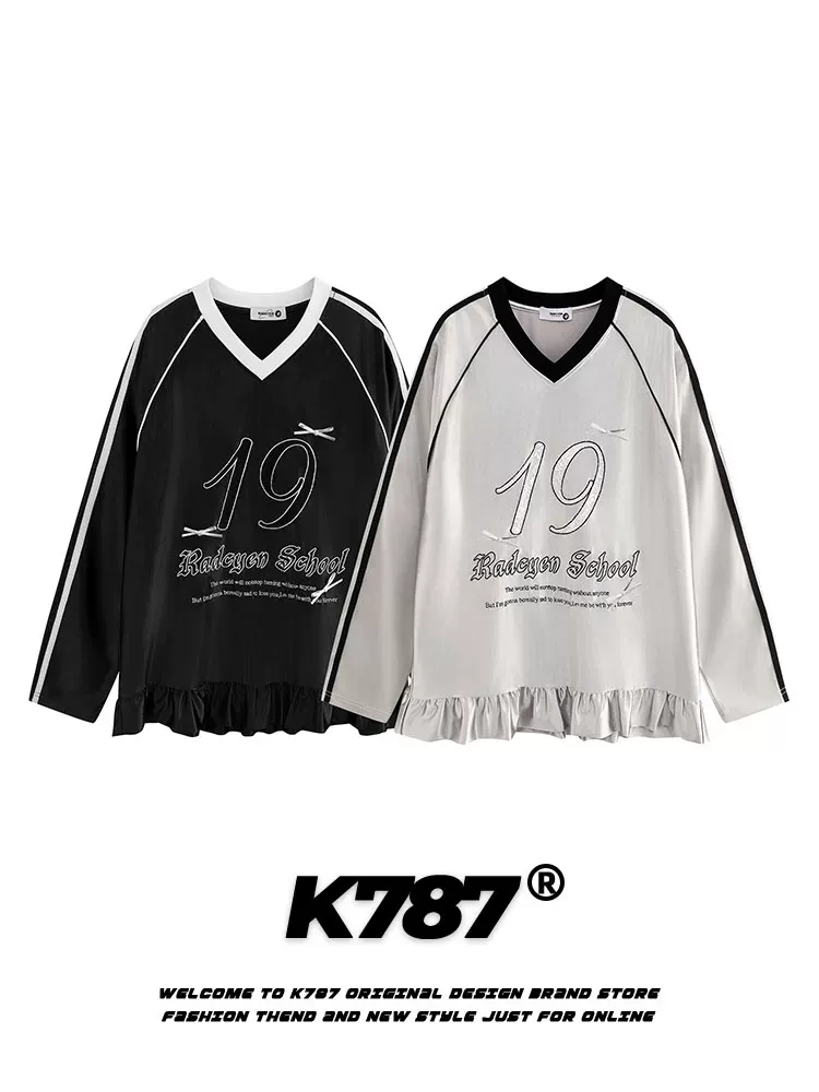 K787 Áo nỉ cổ đứng kiểu dáng cổ điển của Mỹ có cổ đứng xếp ly cổ chữ V áo nỉ oversize mùa xuân áo thể thao dáng rộng
