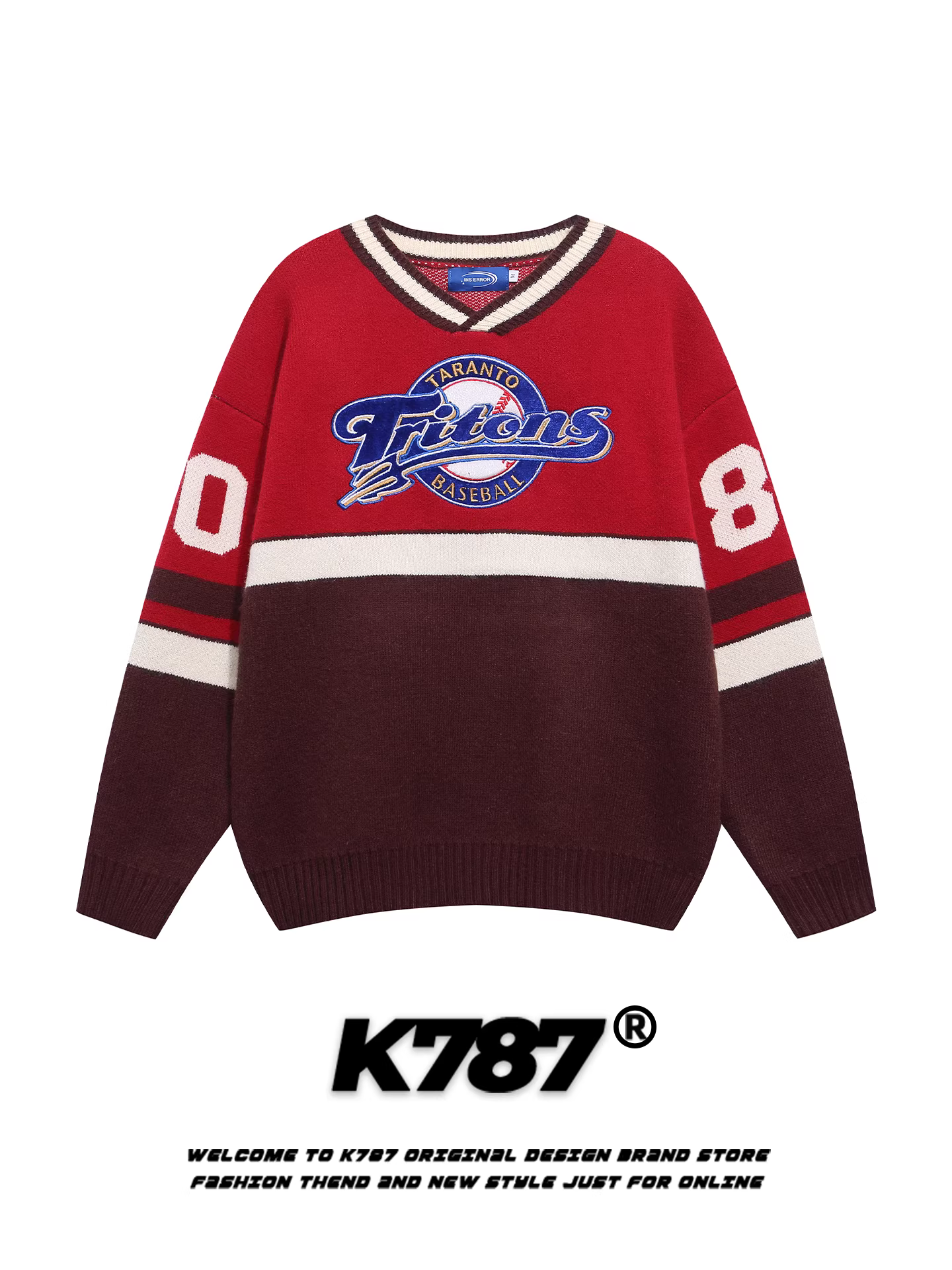 Áo len dệt kim cổ chữ V thêu chữ phong cách retro Mỹ K787 dành cho nam và nữ, kiểu dáng thể thao rộng rãi, thoải mái, áo đôi.