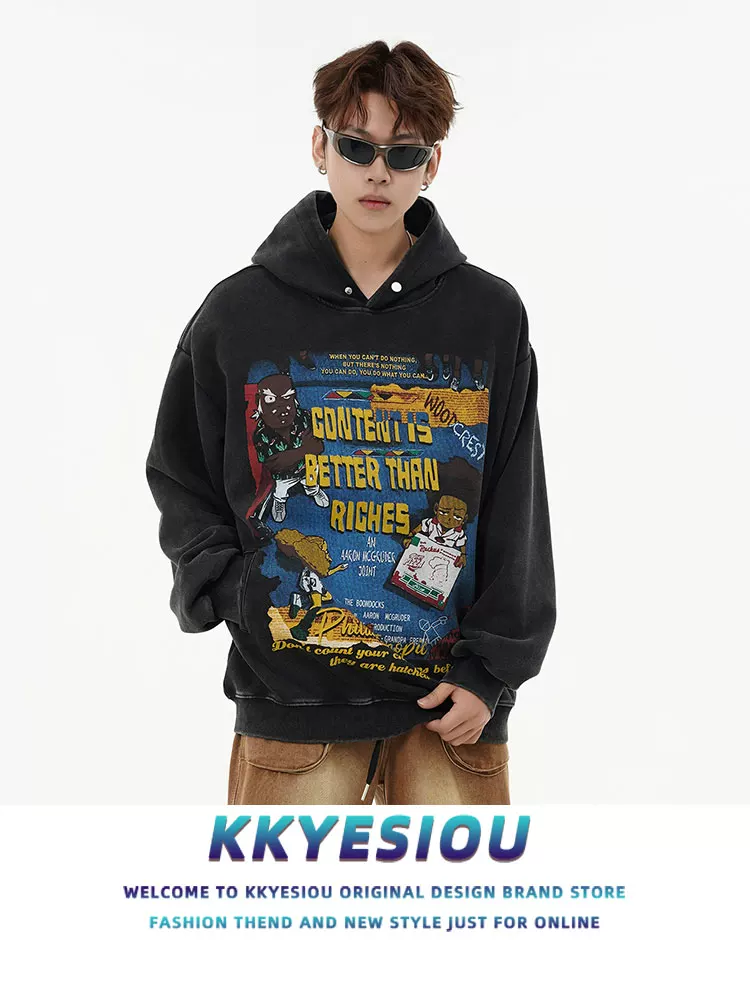 Áo khoác có mũ trùm đầu phong cách retro của Mỹ của KKyesiou dành cho nam và nữ, áo khoác cặp đôi thường ngày theo phong cách đường phố châu Âu và Mỹ