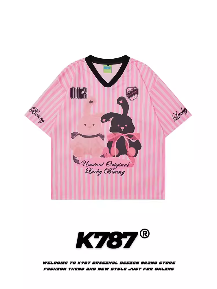 K787 Áo thun ngắn tay kiểu retro blokecore dopamine của Mỹ dành cho nam và nữ áo sọc hồng dành cho cặp đôi mùa hè