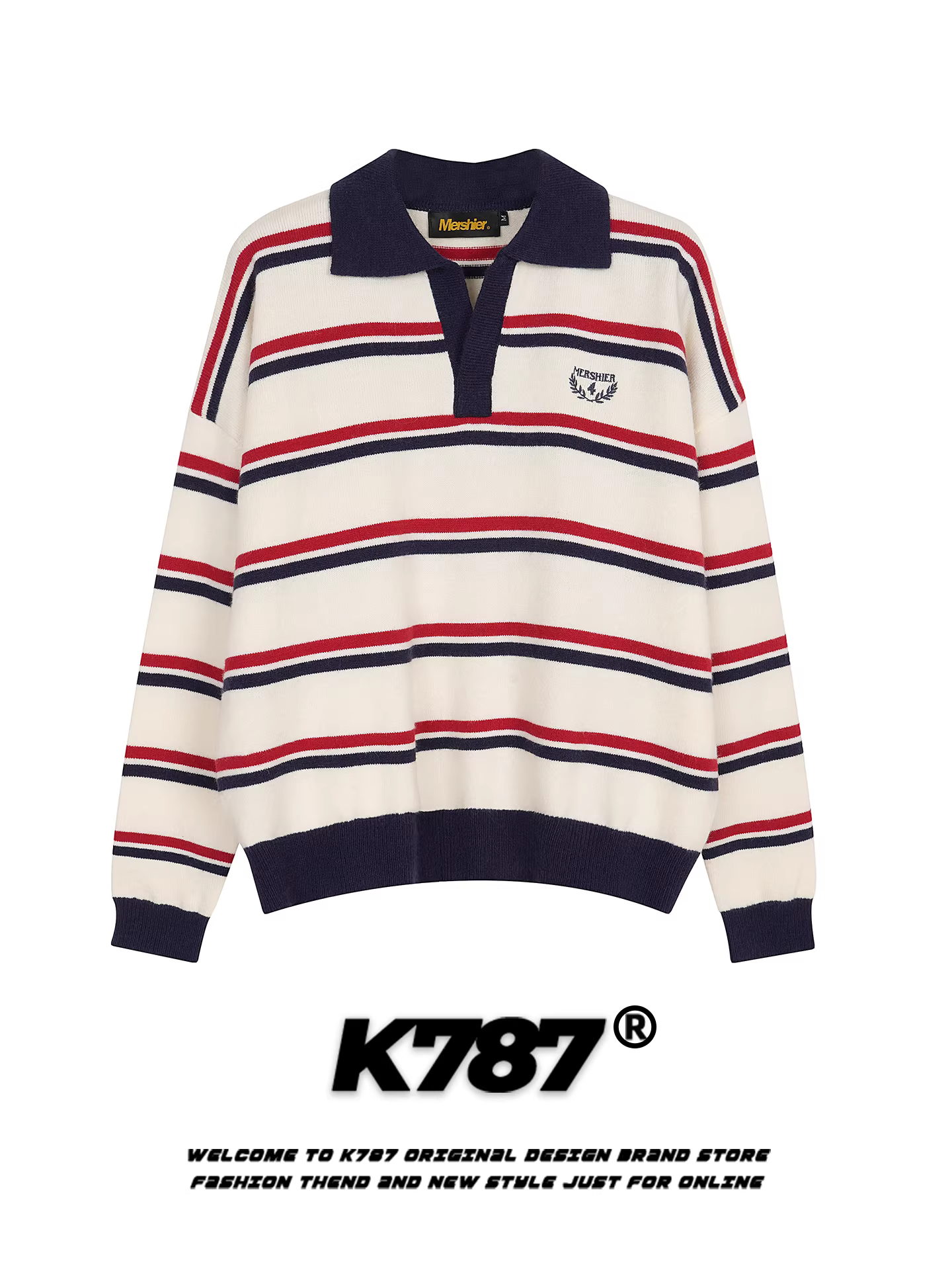 Áo len cổ polo phối màu sọc phong cách đường phố Mỹ K787, unisex, dáng rộng, phong cách thường ngày, xu hướng quốc dân, áo len cặp đôi