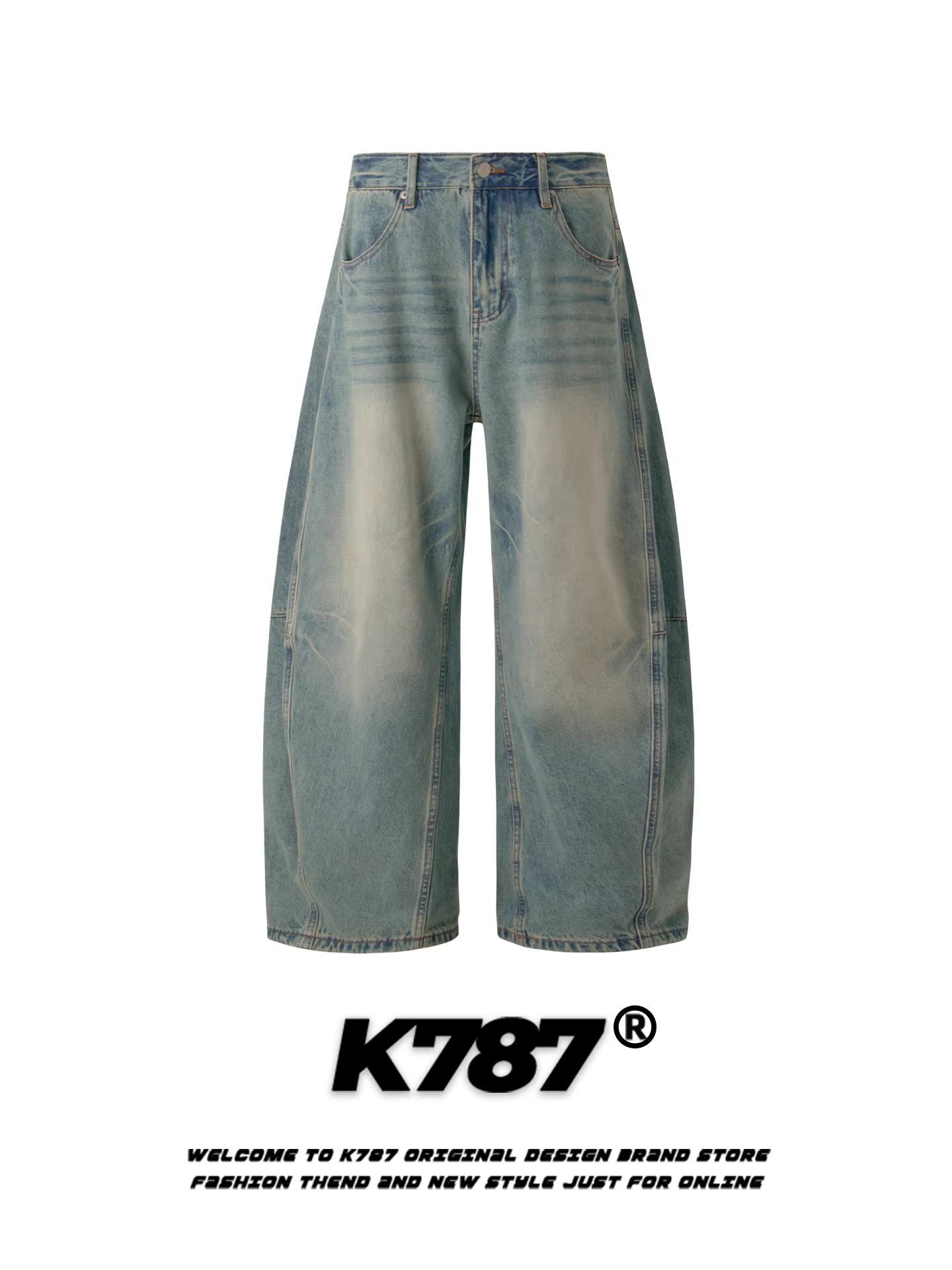 Quần jeans dáng rộng unisex K787 kiểu Mỹ cổ điển, xước, rách, dài chấm đất, ống rộng, phong cách casual