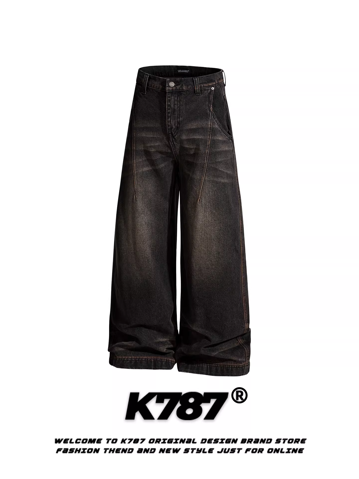 Quần jeans dáng scimitar unisex K787 kiểu Mỹ cổ điển, xước, rách, dài chấm đất, cạp cao, ống rộng, dáng thẳng, phong cách thường ngày