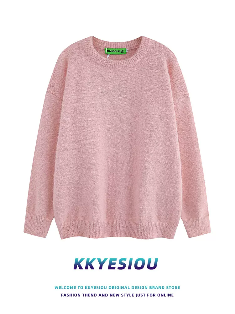 Áo len dệt kim màu trơn phong cách retro Mỹ KKyesiou dành cho nam và nữ, kiểu dáng rộng rãi, phong cách thường ngày, dành cho cặp đôi