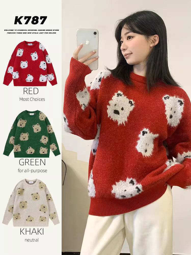 K787 Áo len dệt kim màu đỏ hình chú chó con hoạt hình cổ điển của Mỹ dành cho nam và nữ, in hình dopamine toàn thân, áo len cặp đôi năm hoàng đạo