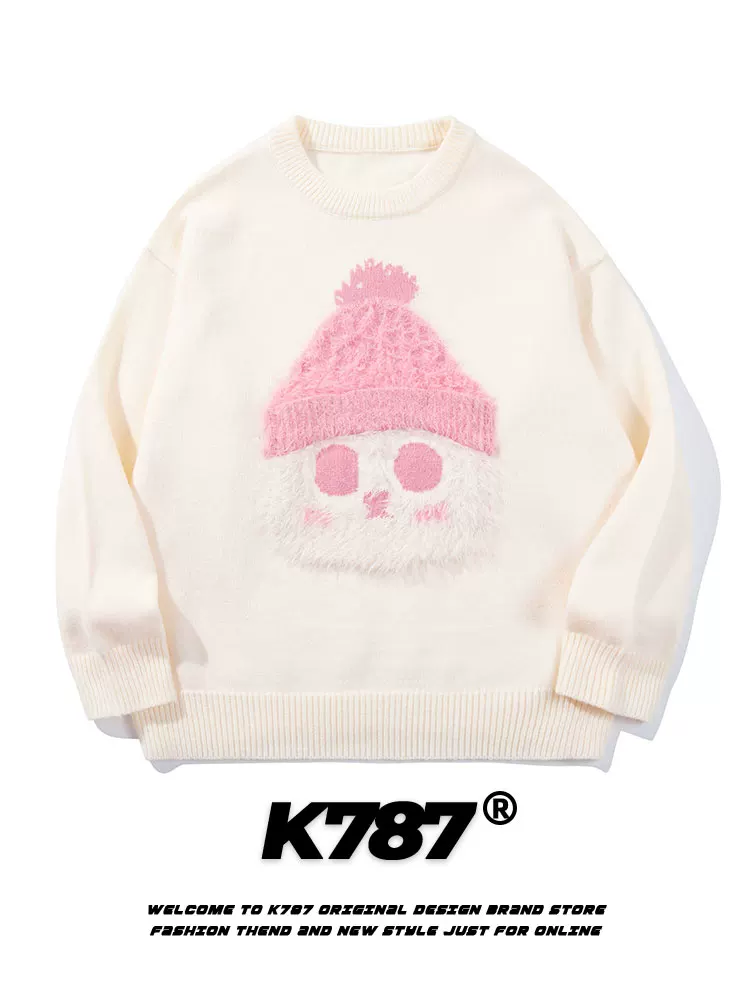 K787 Mũ mùa đông vui nhộn theo phong cách cổ điển Trung Quốc đồ dệt kim hình mèo unisex phong cách đại học áo len thêu áo len cặp đôi