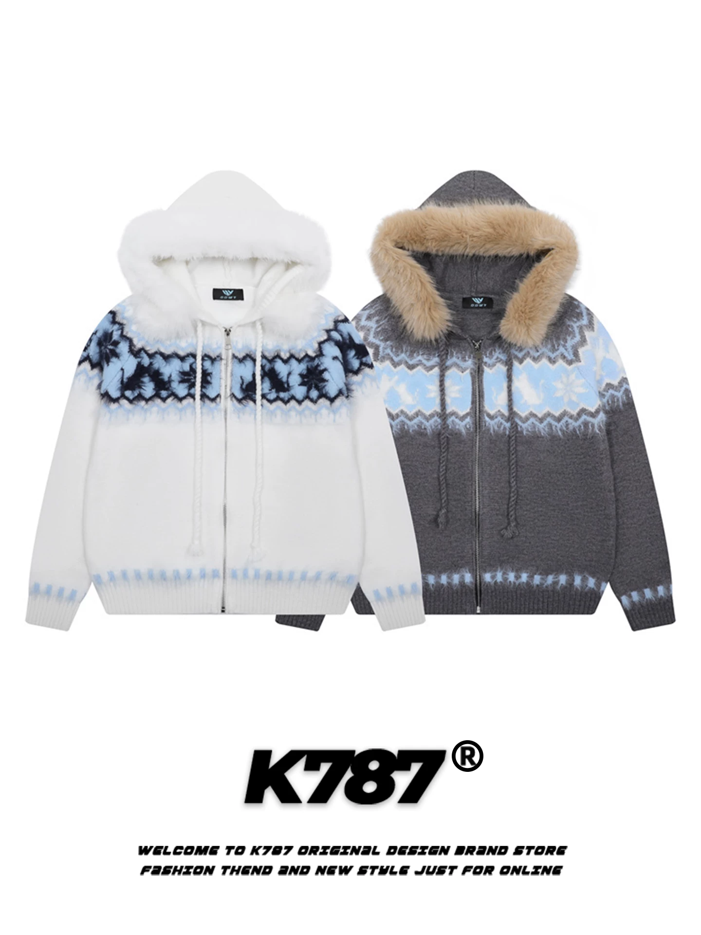 Áo len nữ K787 kiểu Mỹ, cổ lông cừu Fair Isle, có mũ, dáng rộng, phong cách thoải mái, ấm áp mùa thu đông, kiểu áo khoác ngắn dệt kim.