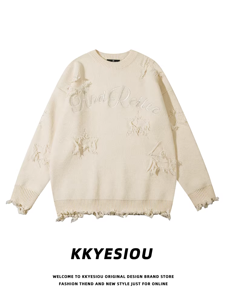 Áo len dệt kim phong cách preppy thêu họa tiết cũ kỹ kiểu Mỹ KKyesiou dành cho nam và nữ, áo len cặp đôi rộng rãi cổ điển