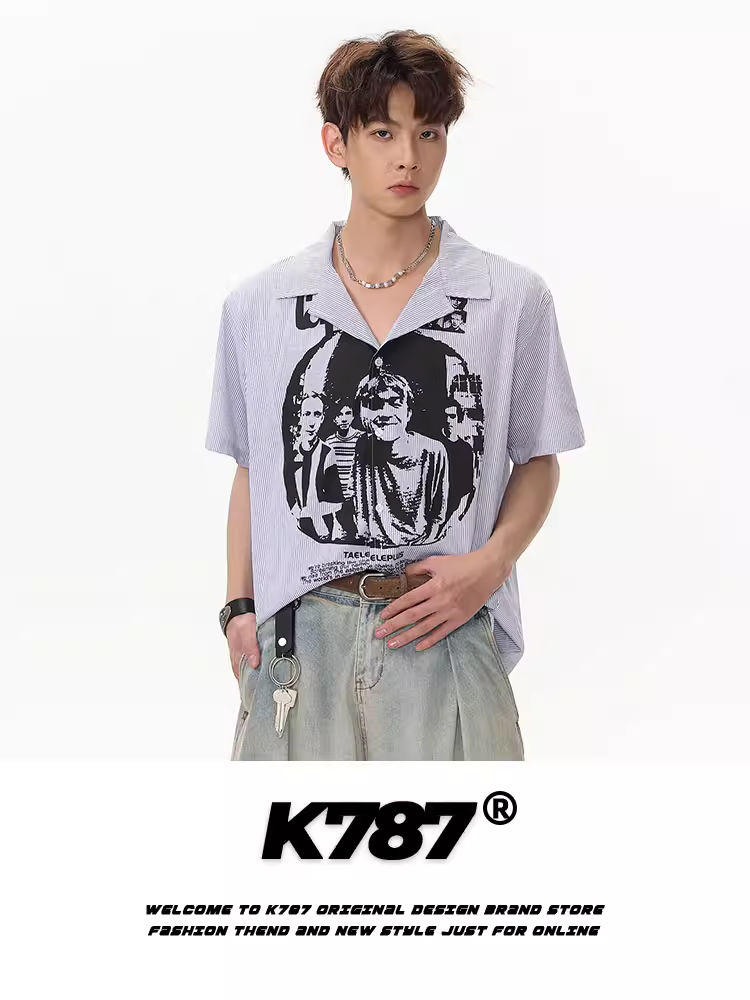 Áo sơ mi ngắn tay in hình chân dung cổ điển kiểu Mỹ K787 dành cho nam và nữ, áo cardigan phong cách cleanfit theo xu hướng quốc gia