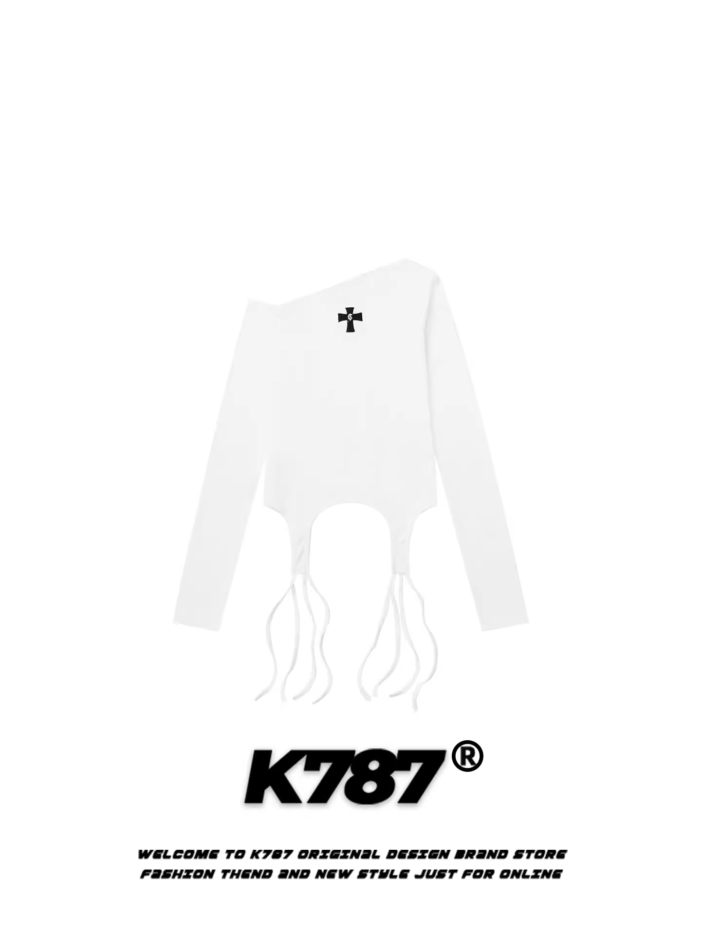 Áo thun nữ tay dài, cổ trễ vai, thêu chữ thập họa tiết K787, kiểu dáng ôm sát, vạt áo bất đối xứng.