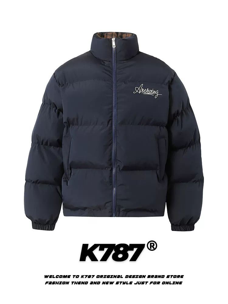 Áo khoác cotton dày kẻ caro cổ đứng thêu kiểu Mỹ cổ điển K787 dành cho nam và nữ, áo khoác cotton cặp đôi phong cách đường phố màu trơn cá tính