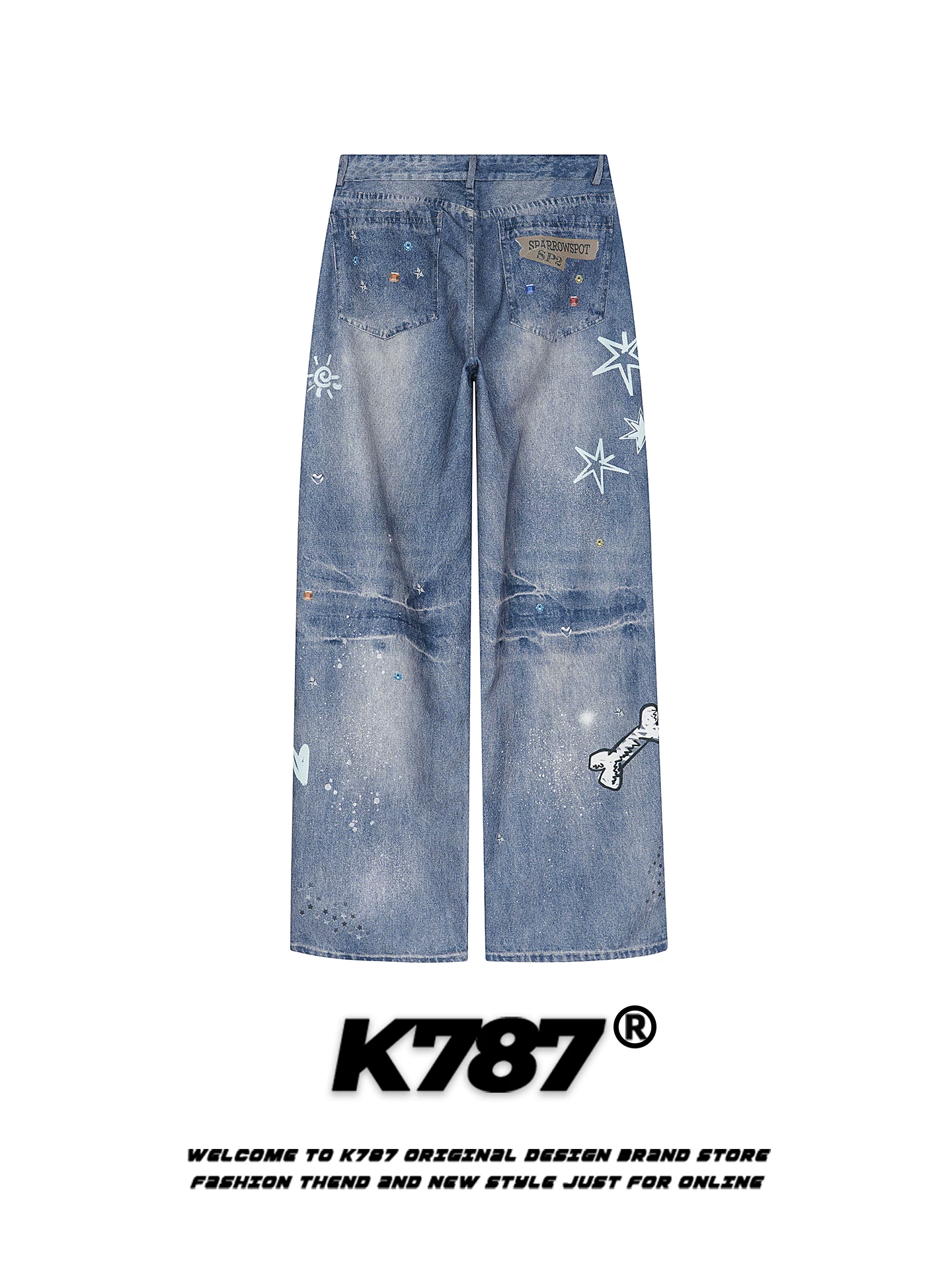 K787 Quần jean in hình chú chó vui nhộn phong cách đường phố Mỹ unisex dáng rộng hợp thời trang quần ống rộng lưng cao đa năng