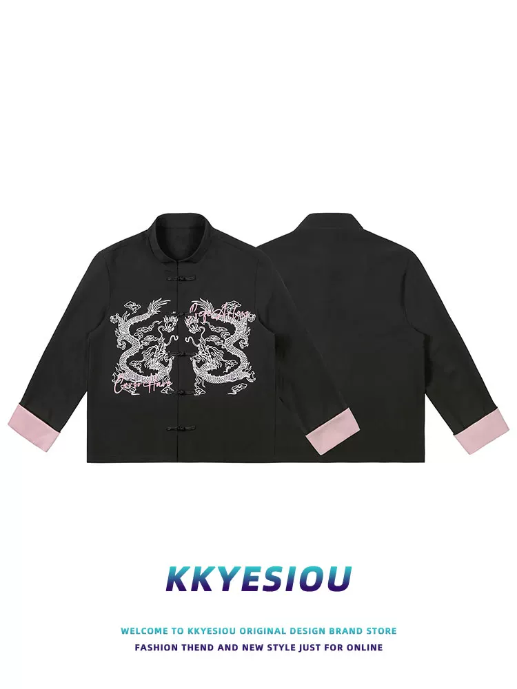Áo khoác cổ đứng nghệ thuật hip-hop kiểu Trung Quốc KKyesiou dành cho nam và nữ, áo khoác sơ mi phối màu hồng và đen theo phong cách dân tộc