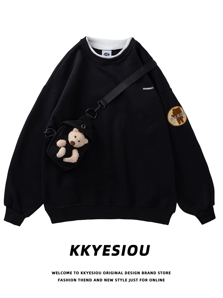 Ba lô hình gấu phong cách KKyesiou dopamine, áo sweatshirt cặp đôi phong cách đại học, áo nỉ unisex rộng rãi