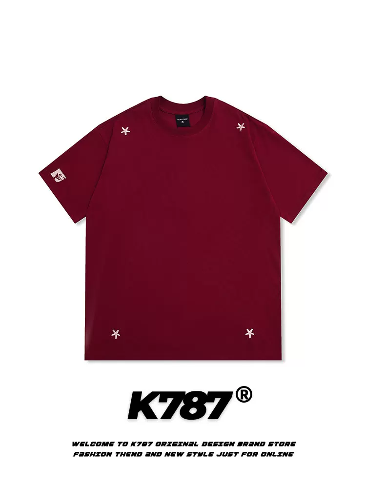 K787 Áo thun ngắn tay thêu hình ngôi sao theo phong cách retro của Mỹ dành cho nam và nữ, áo nửa tay dáng rộng, giản dị, đa năng dành cho cặp đôi