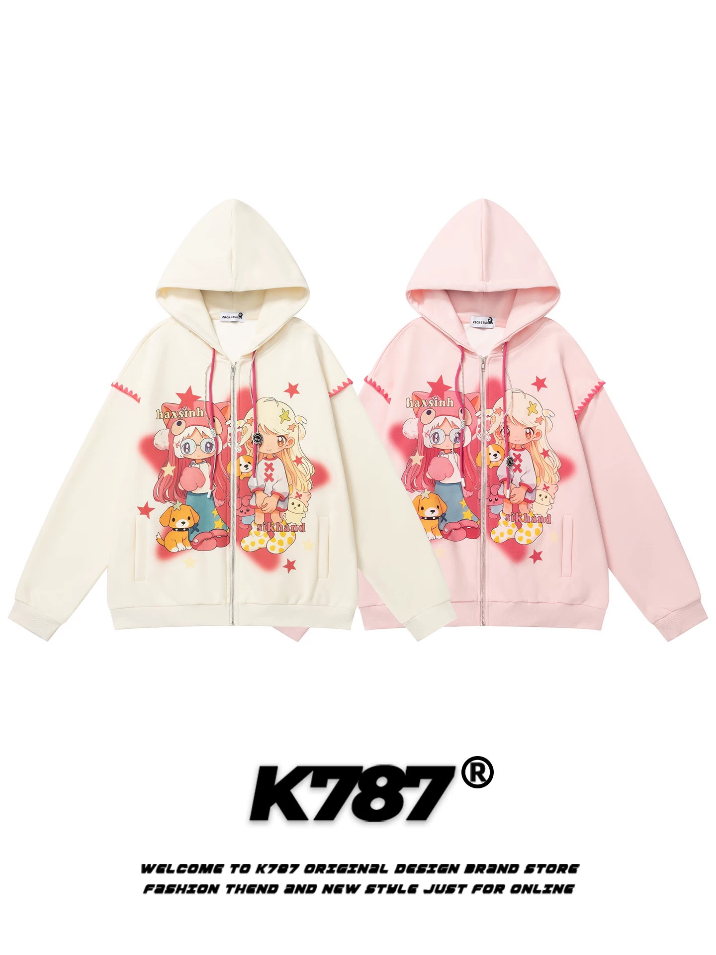 K787 Áo len cardigan có mũ trùm đầu in hình hoạt hình đường phố Mỹ dành cho nam và nữ màu hồng subculture y2k áo khoác cặp đôi mùa thu
