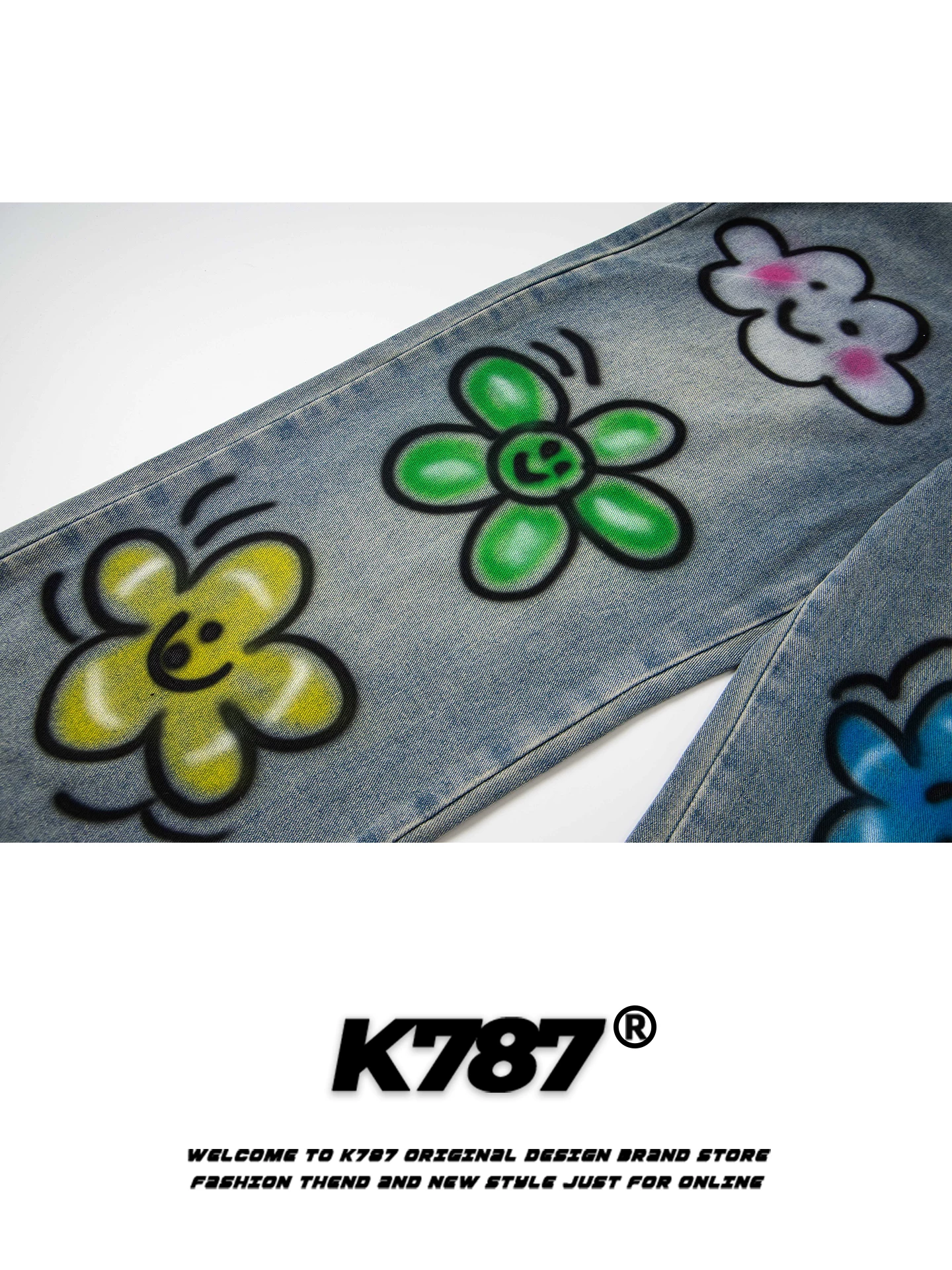 Quần yếm denim in hoa kiểu Mỹ cổ điển K787, unisex, dáng rộng, xu hướng thời trang, ống thẳng, kiểu vintage, ống rộng