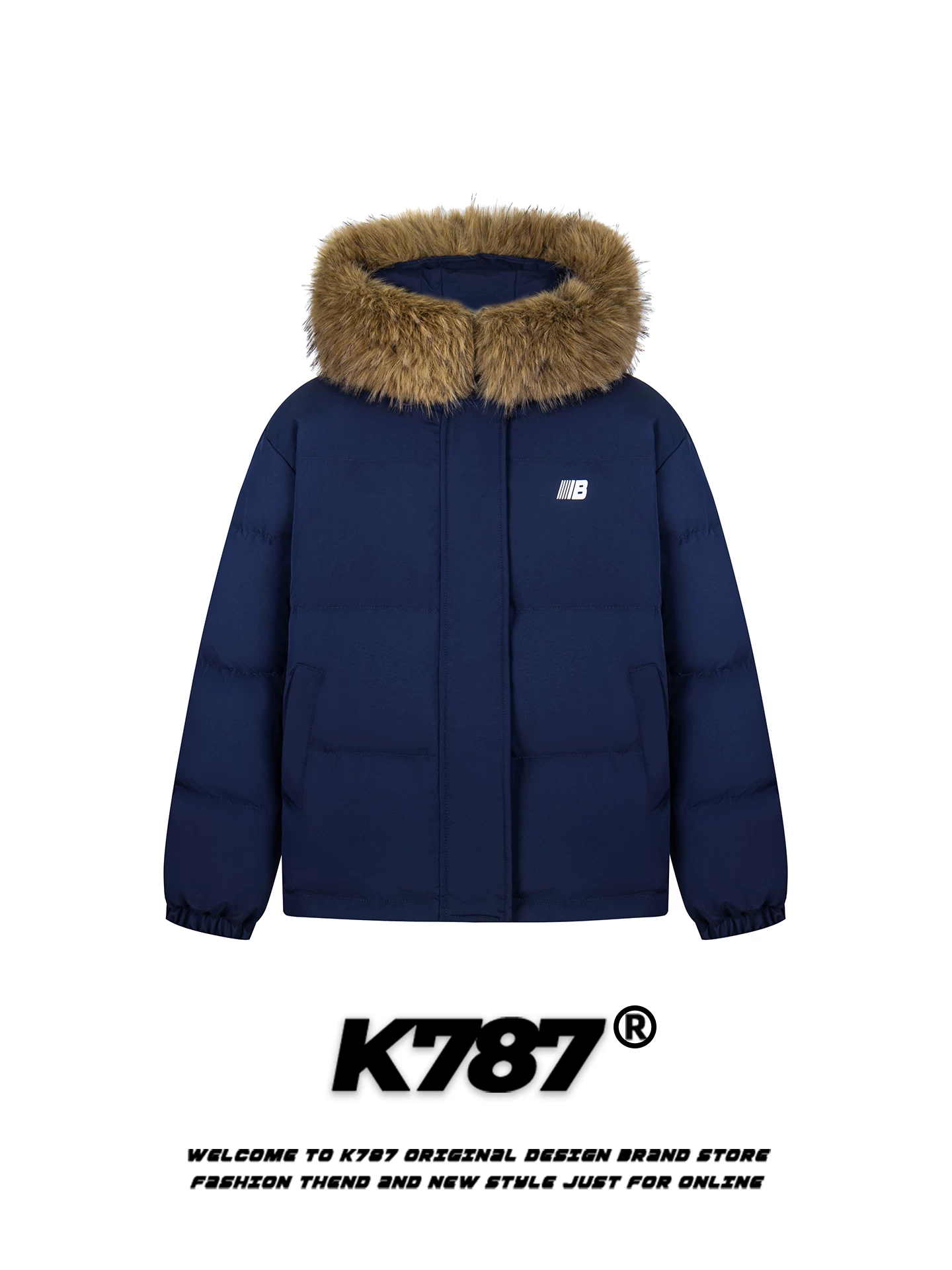 K787 Áo khoác cotton có mũ trùm đầu cổ lông lớn phong cách cổ điển kiểu Mỹ dành cho nam và nữ, dáng rộng, ấm áp, dày dặn, áo khoác cotton cặp đôi thương hiệu hợp thời trang dành cho mùa đông.