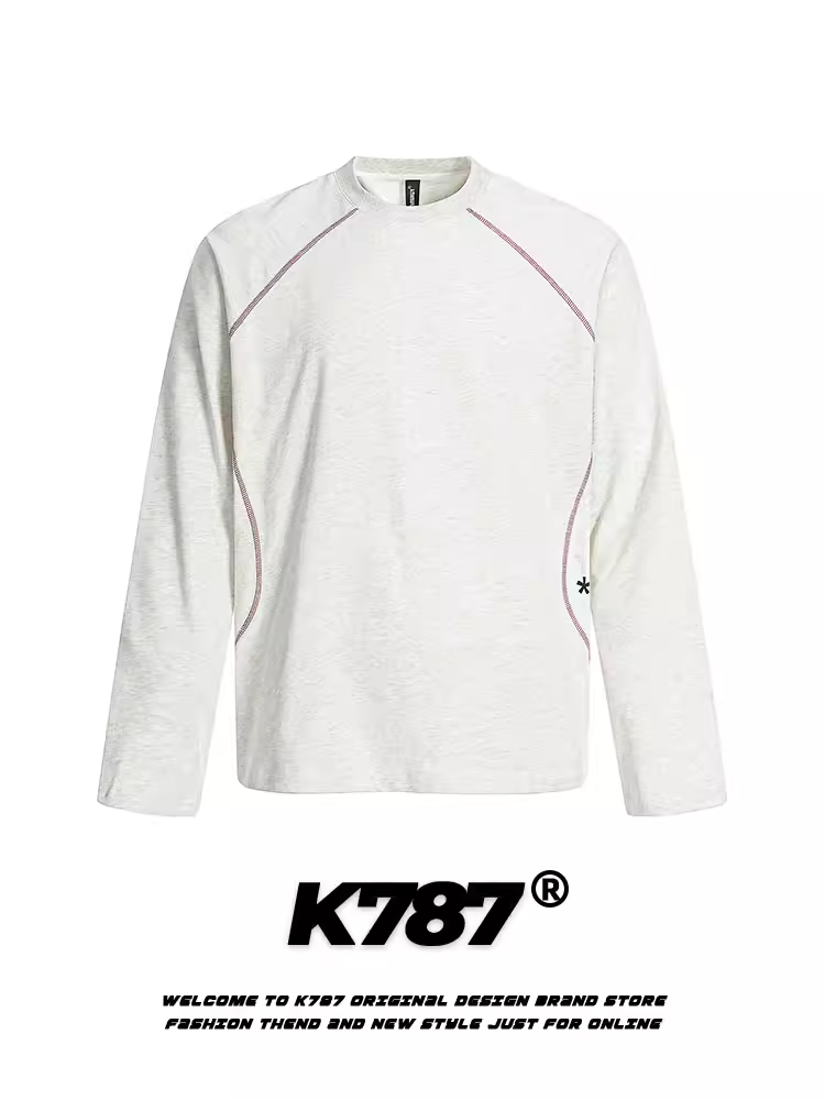 K787 Áo thun dài tay in chữ đơn giản theo phong cách retro Mỹ dành cho nam và nữ, đường may lộ, áo dáng rộng thể thao, giản dị