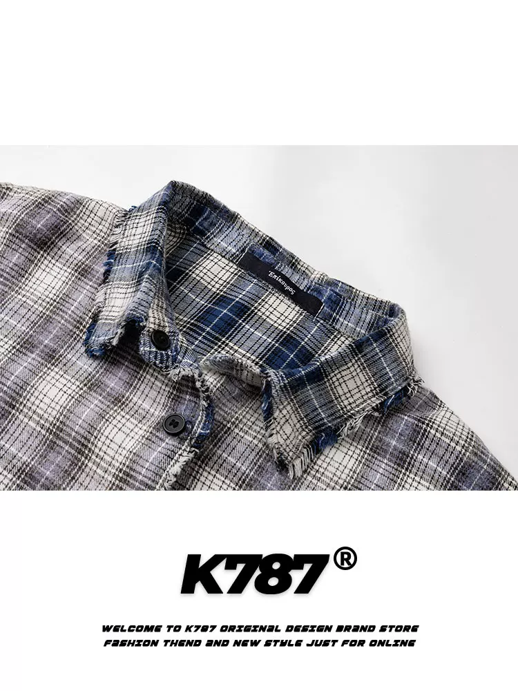 K787 Áo sơ mi dài tay kẻ sọc cổ điển kiểu Mỹ có viền tua rua unisex cổ điển áo khoác đôi