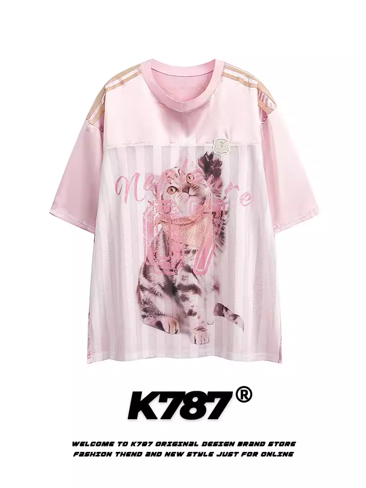 K787 Áo thun thể thao ngắn tay sọc cổ điển kiểu Mỹ unisex cổ chữ V blokecore áo jersey cặp đôi