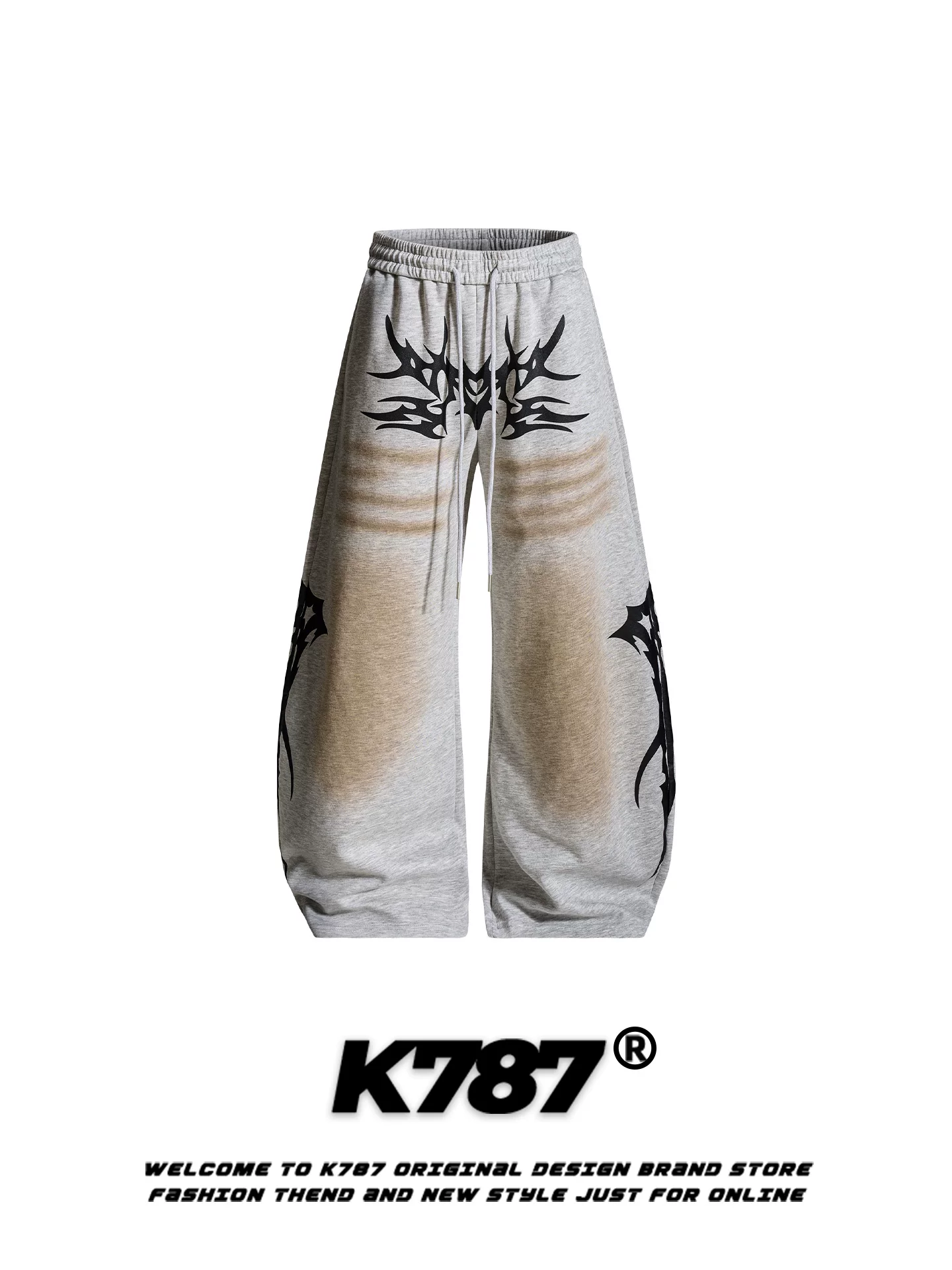 Quần ống rộng unisex K787 phong cách đường phố Mỹ, in họa tiết totem nhuộm màu độc đáo, dây rút, kiểu dáng thời trang, thương hiệu nổi tiếng, rộng rãi, thoải mái, dài chấm đất.