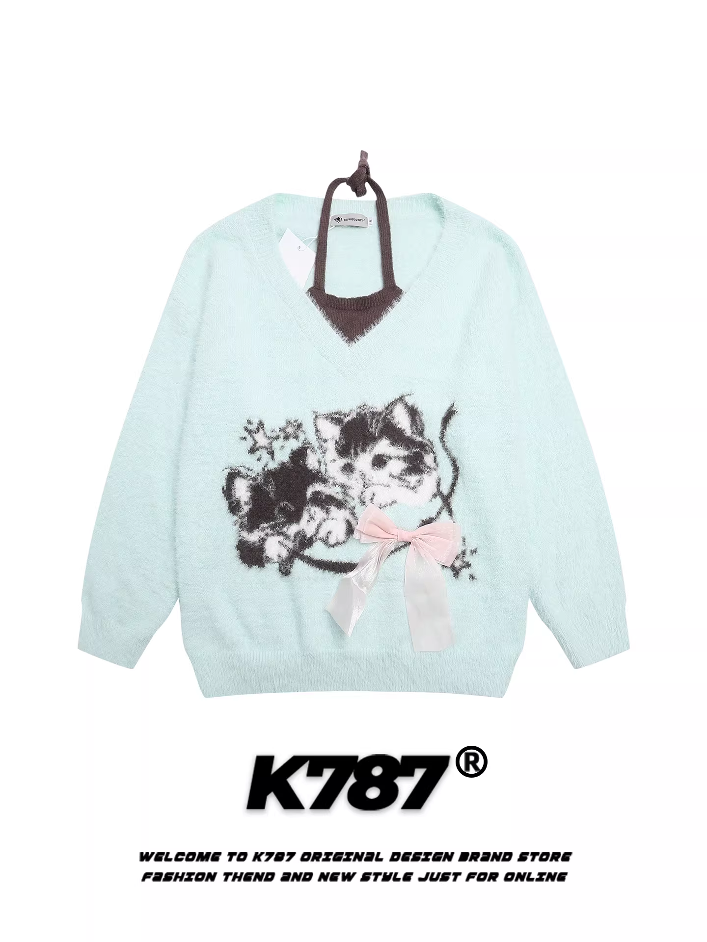 Áo len dệt kim in hình mèo phong cách đường phố Mỹ K787 dành cho nữ, bộ áo len hai mảnh cổ halter dễ thương dành cho các cô gái.