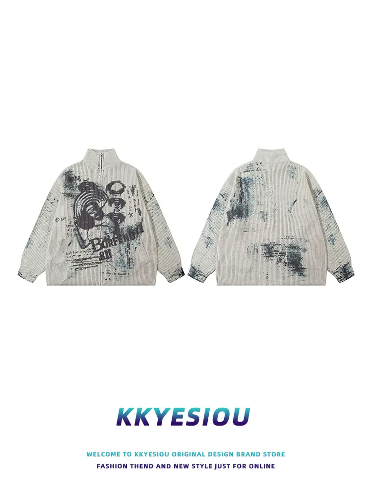 Áo len cổ đứng in chữ graffiti phong cách retro Mỹ thời thượng của KKyesiou dành cho nam và nữ, áo len hip-hop cá tính