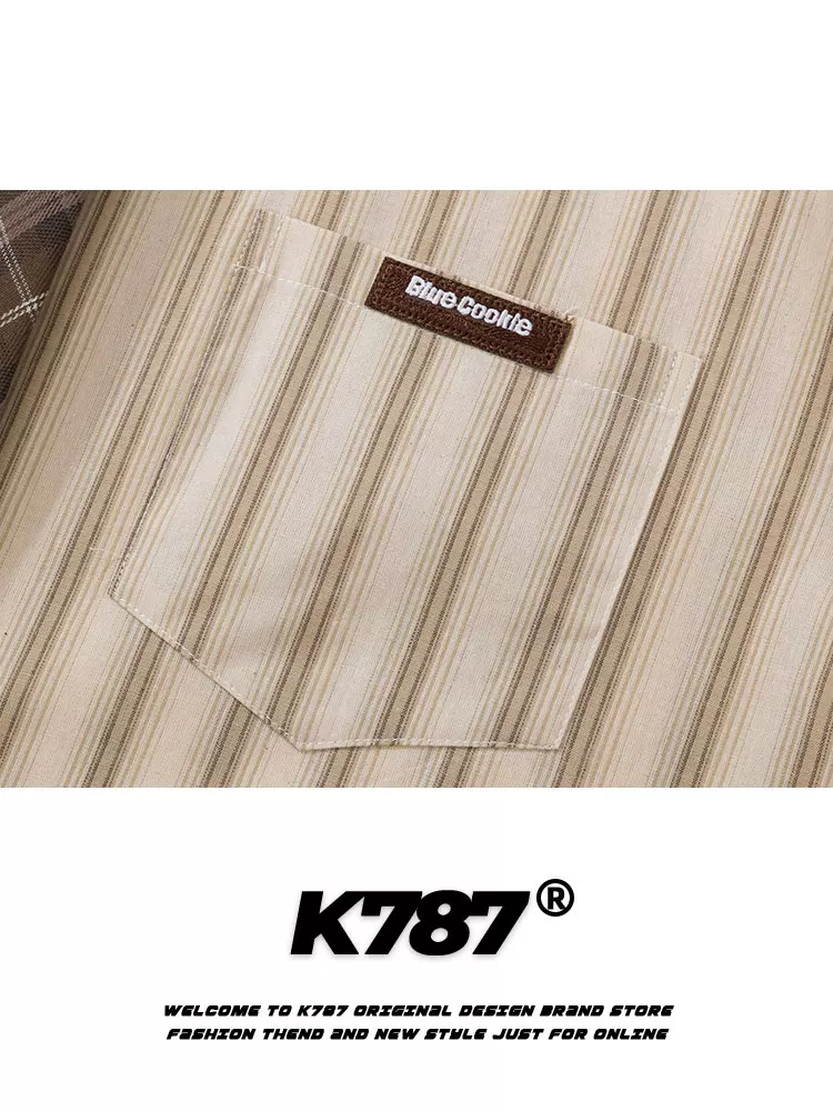 Áo sơ mi ngắn tay kẻ sọc phong cách retro Mỹ K787, unisex, đa năng, dáng rộng, kiểu áo công sở, mùa hè 2025, áo đôi