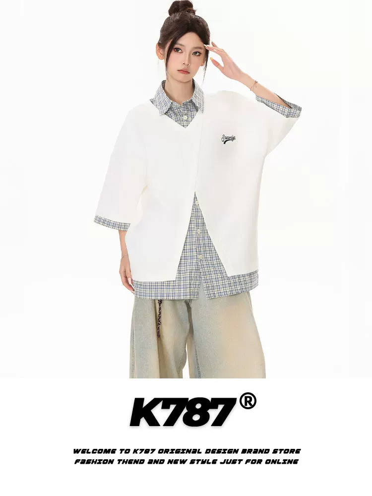 K787 Áo thun ngắn tay giả hai mảnh kiểu Mỹ cổ điển dành cho nam và nữ với thiết kế chuông nhỏ, áo sơ mi POLO nửa tay phong cách đại học
