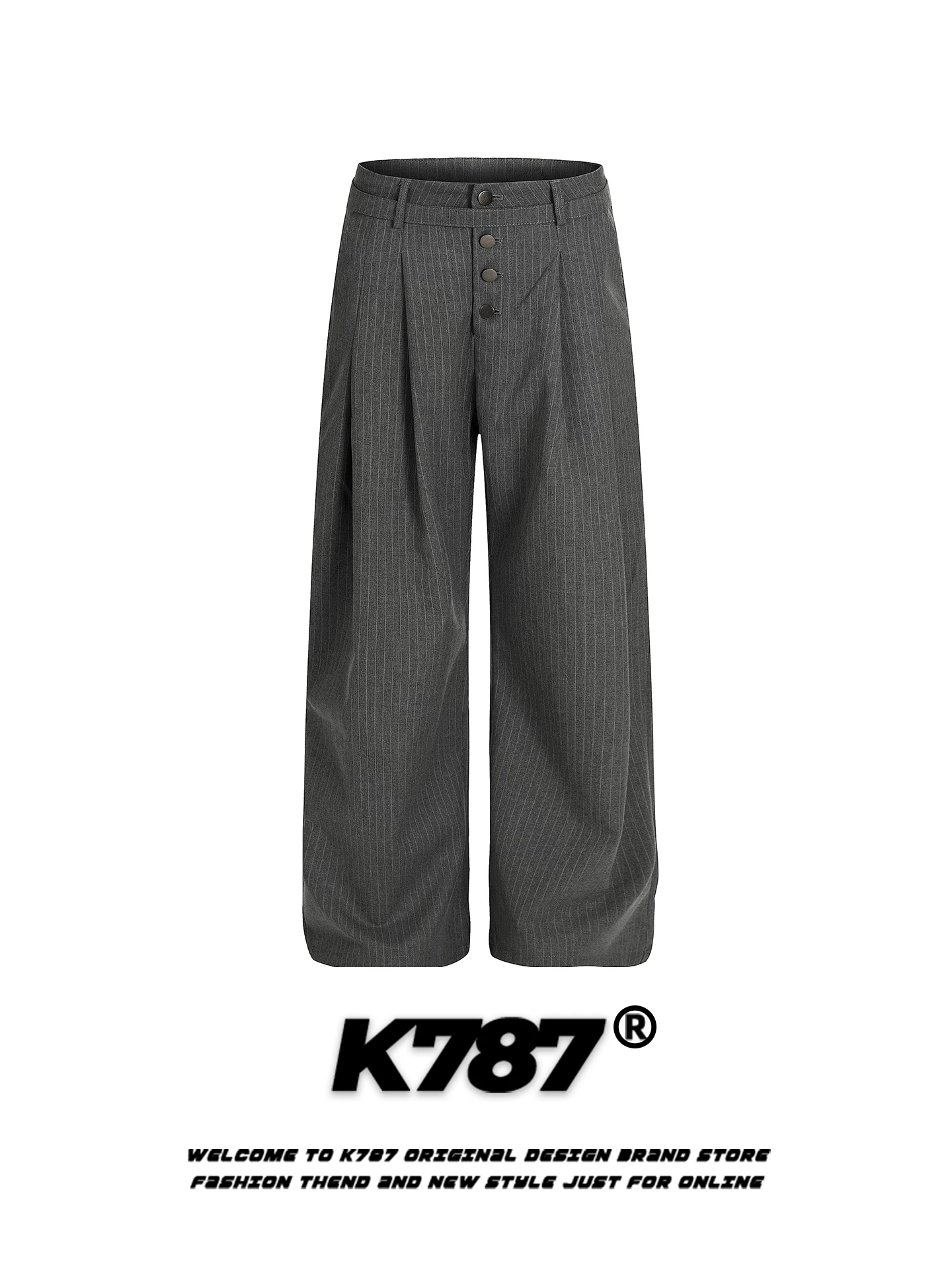 Quần dài suông rộng kiểu Mỹ cổ điển kẻ sọc K787, unisex, lưng cao, dáng thẳng, rộng thùng thình