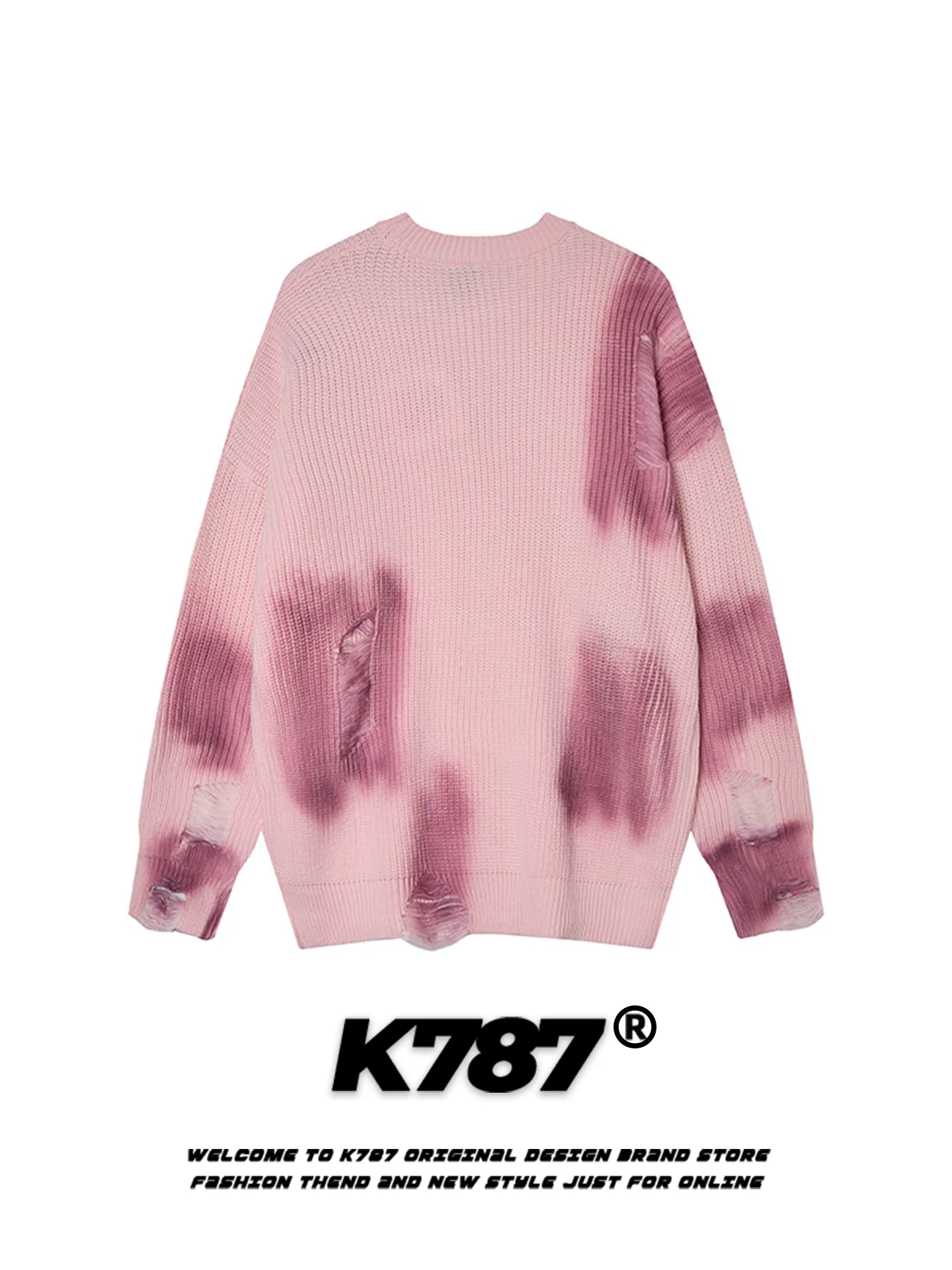Áo len cổ tròn phối màu tie-dye kiểu Mỹ cổ điển K787 dành cho nam và nữ, có chữ in cũ kỹ, phong cách lười biếng, kiểu dáng rộng rãi, đồ dệt kim dành cho cặp đôi.