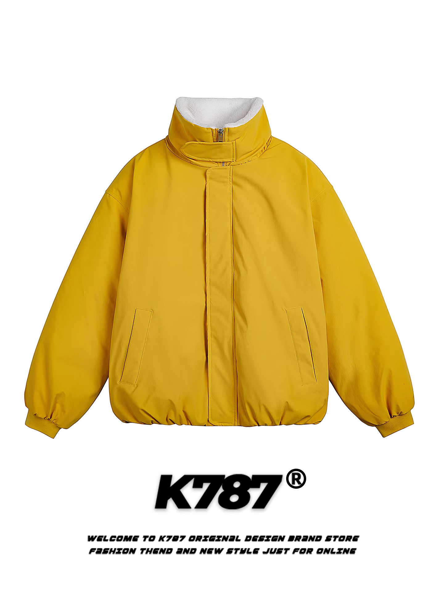 Áo khoác cotton cổ đứng phối len cừu kiểu Mỹ cổ điển K787 dành cho nam và nữ, áo khoác cotton dày dặn màu trơn theo xu hướng quốc gia, giữ ấm mùa đông.