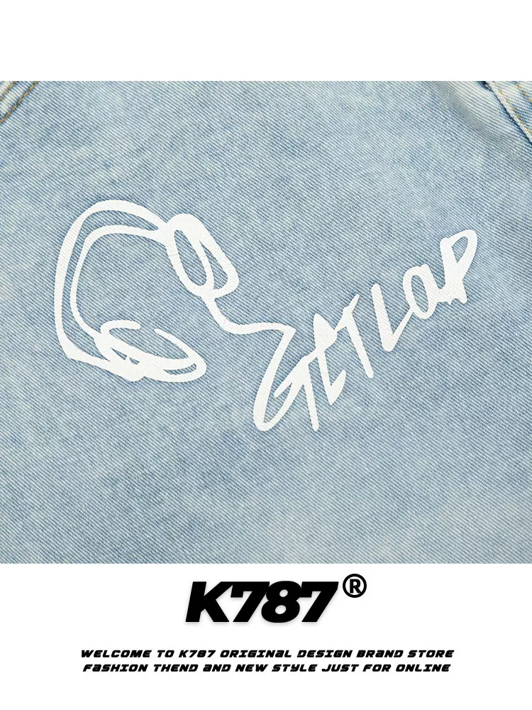 Quần short denim kiểu Mỹ K787 với họa tiết graffiti vui nhộn, phong cách đường phố unisex, quần ống rộng đa năng, kiểu dáng ôm dáng, quần lửng