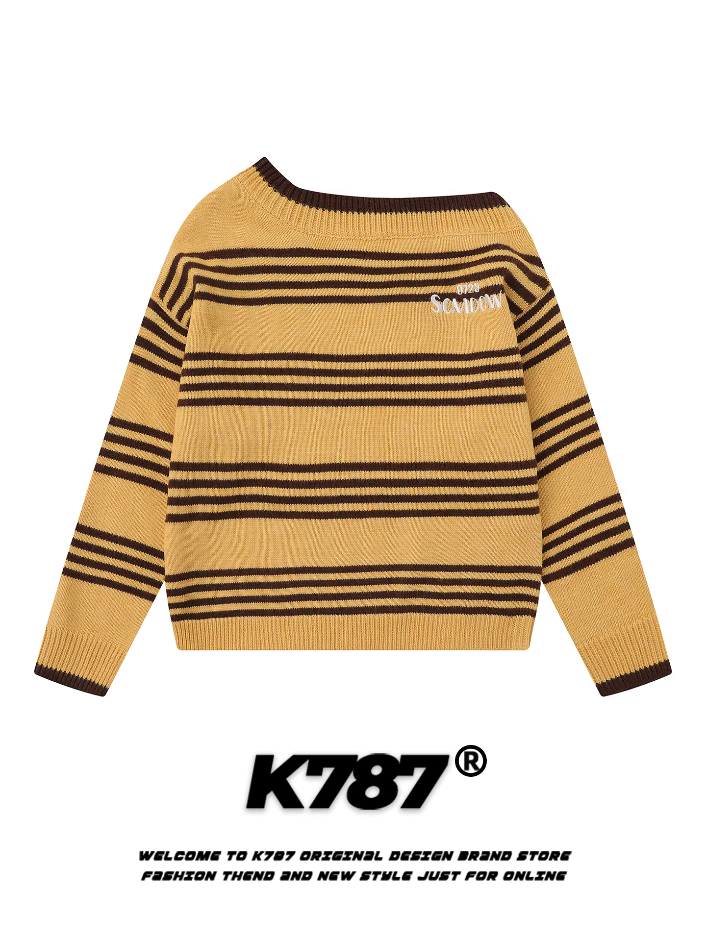 Áo len nữ kiểu đường phố Mỹ K787 thêu chữ, kiểu trễ vai, sọc, dáng ôm, ngắn, chất liệu dệt kim