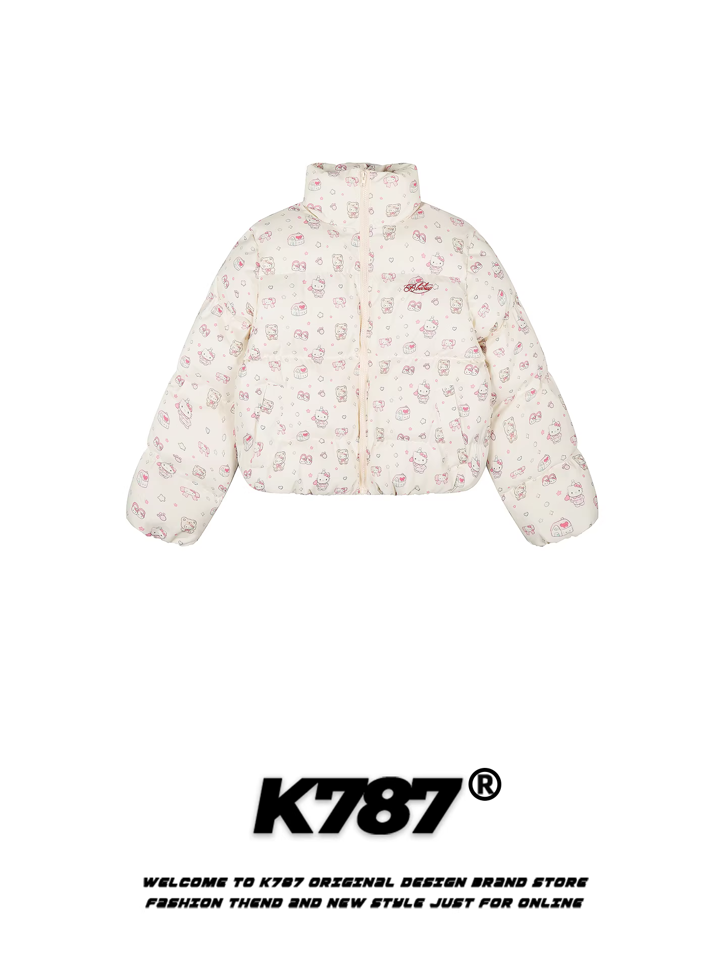 Áo khoác cotton cổ đứng in hình mèo Kitty kiểu Mỹ K787 dành cho nữ, áo khoác cotton ngắn dày dặn, ấm áp, giảm tuổi tác, mặc thường ngày cho mùa đông.