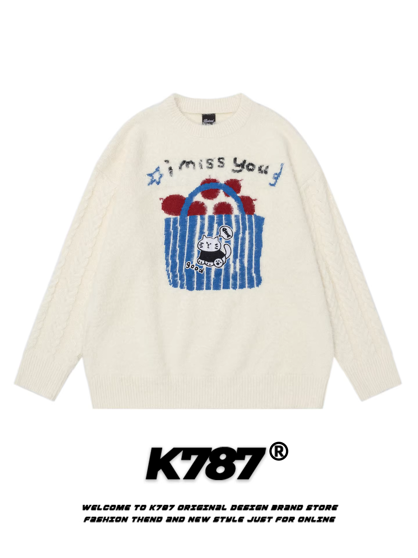 K787 Áo len cổ tròn kiểu túi vải thông thường của Mỹ dành cho nam và nữ, dáng rộng, phong cách đại học, giản dị, trẻ trung, đồ dệt kim dành cho cặp đôi.