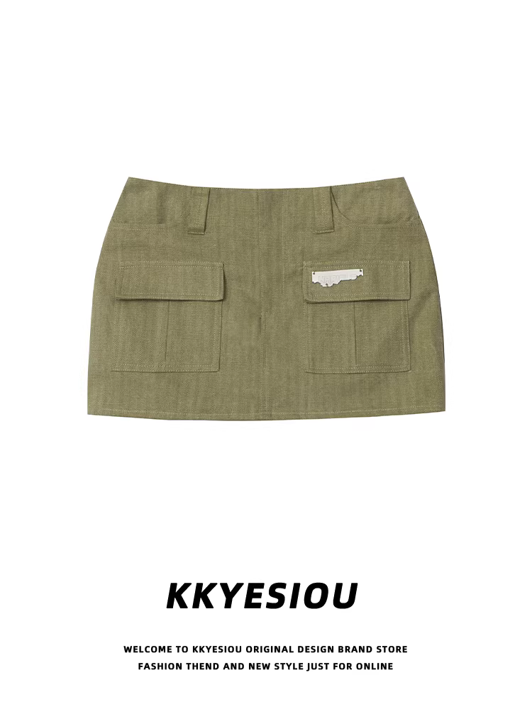 Váy ngắn màu xanh quân đội phong cách đường phố Mỹ KKyesiou, kiểu preppy, thiết kế công sở, cạp cao ôm sát hông.