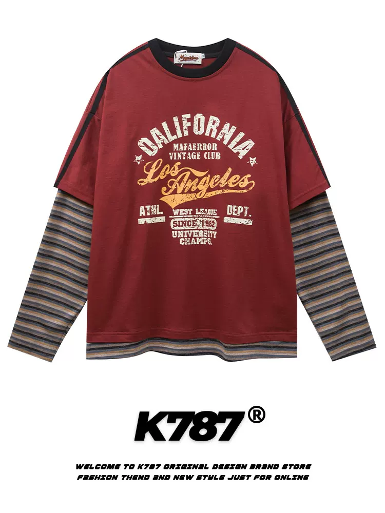 K787 Áo thun giả hai mảnh in họa tiết cổ điển kiểu Mỹ unisex oversize thể thao dài tay áo thun dài tay