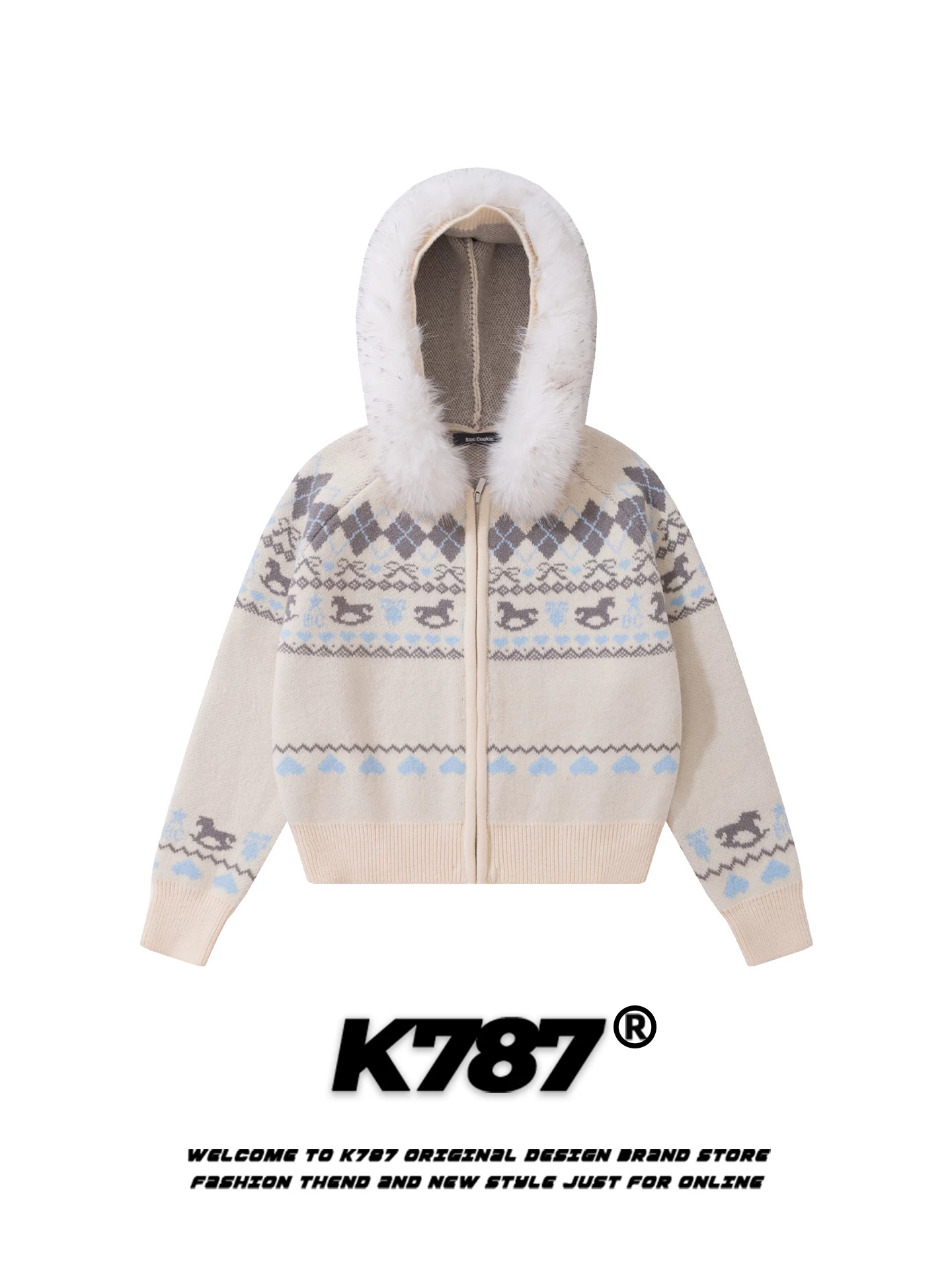 Áo len dệt kim có mũ trùm đầu cổ lông kiểu Fair Isle, phong cách thường ngày Mỹ, dành cho nữ, màu đỏ Giáng sinh, kiểu dáng trẻ trung, áo khoác len ngắn K787