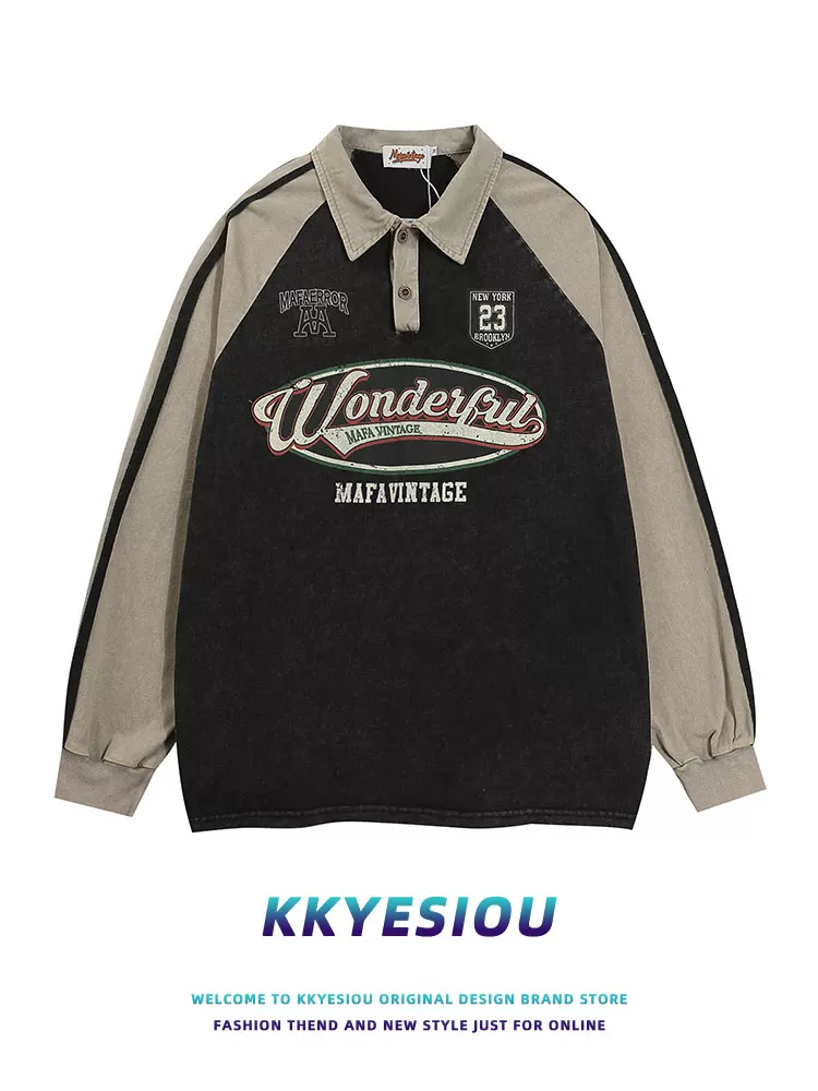 Áo thun polo in họa tiết cổ điển kiểu Mỹ KKyesiou, chất liệu vintage đã qua xử lý, dành cho nam và nữ, màu đỏ đô, cổ áo sơ mi.