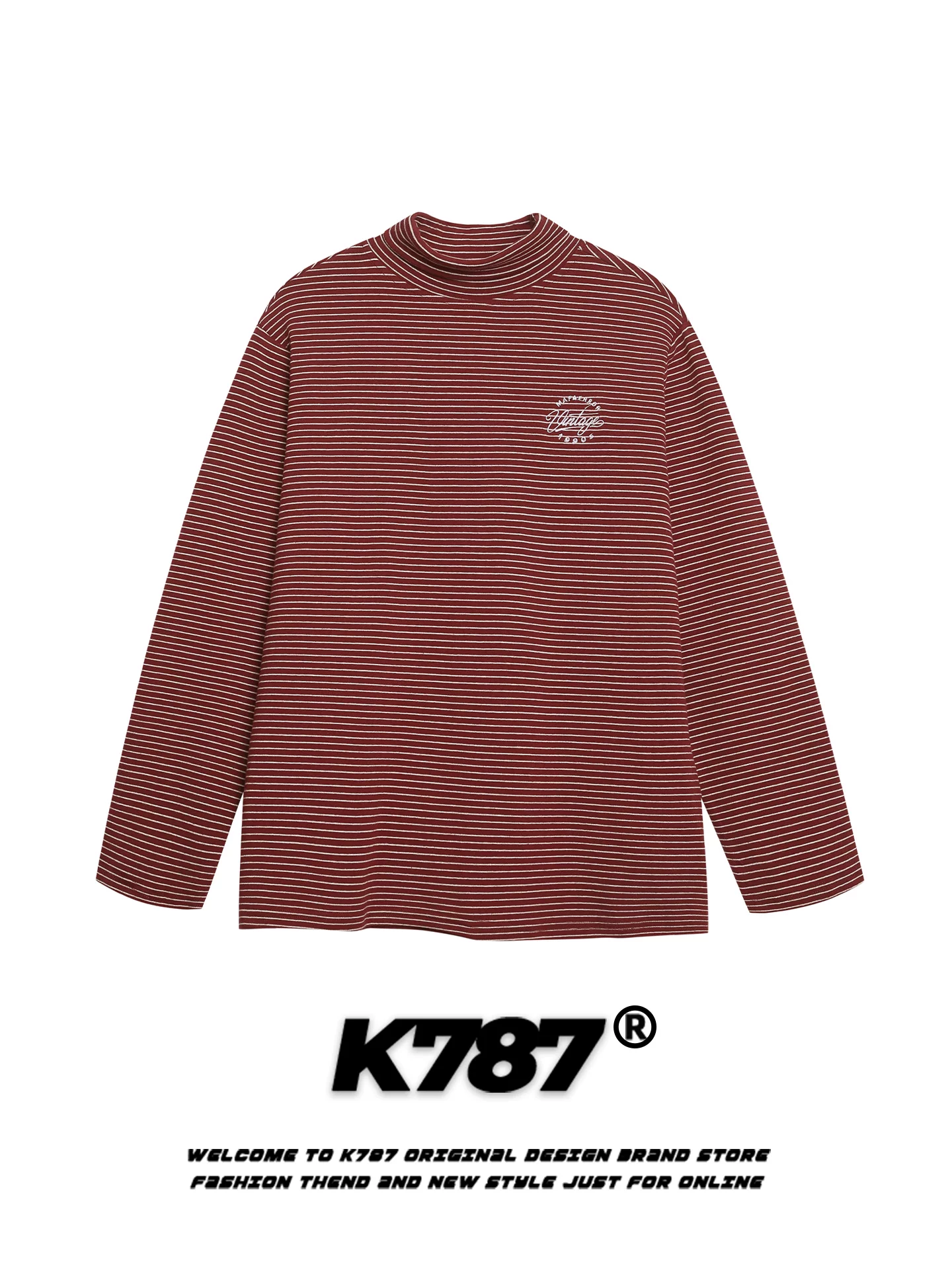 K787 Áo thun dài tay cổ cao nửa cổ kiểu Mỹ cổ điển dành cho nam và nữ có thêu chữ, áo sơ mi cơ bản dáng rộng đa năng