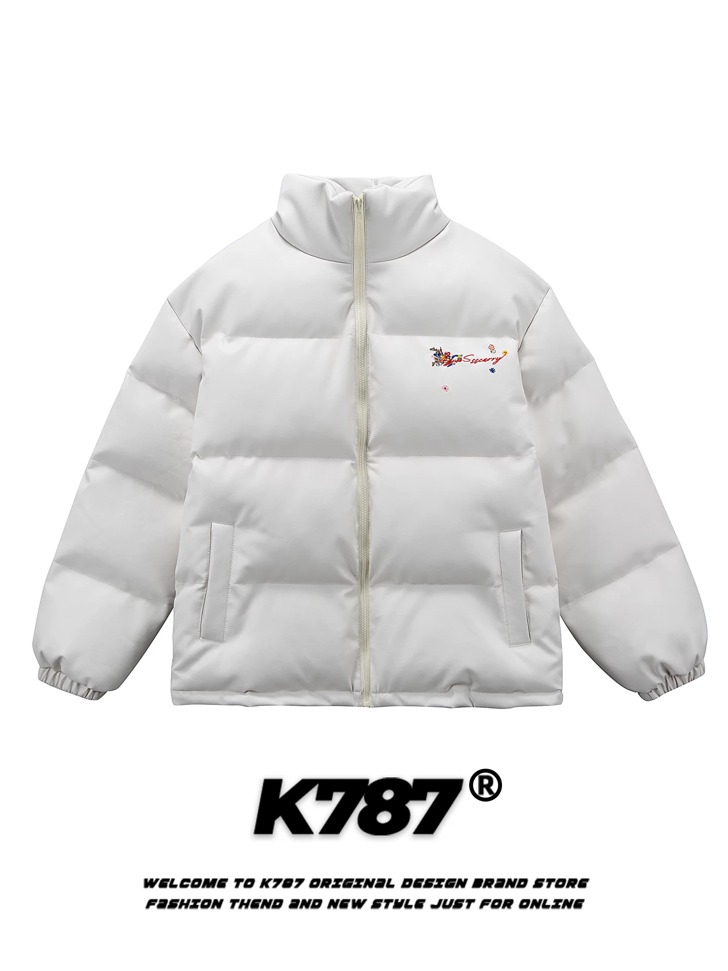 Áo khoác phao unisex dày dặn ấm áp kiểu dáng đường phố Mỹ K787, thêu hoa chữ, cổ đứng, chất liệu cotton, dành cho cặp đôi, mùa đông