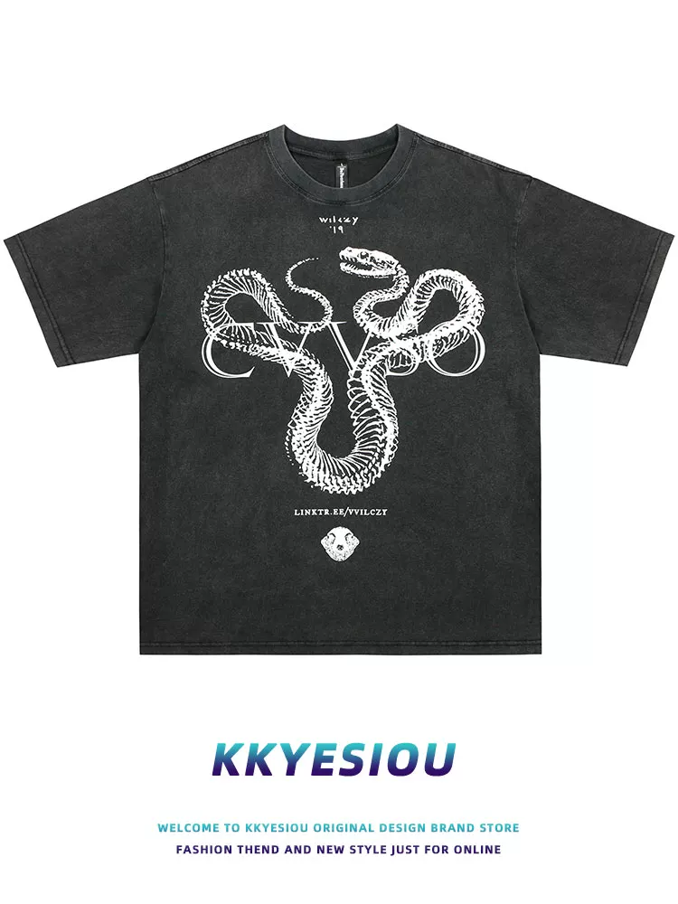 Áo thun ngắn tay KKyesiou phong cách retro Mỹ, hip-hop, họa tiết rắn, unisex, dáng rộng, chất liệu washed, dành cho cặp đôi