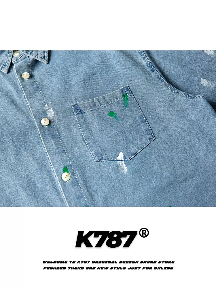 Áo sơ mi denim ngắn tay họa tiết graffiti retro Mỹ K787 dành cho nam và nữ, kiểu dáng vintage, chất liệu washed, form rộng, mặc đôi