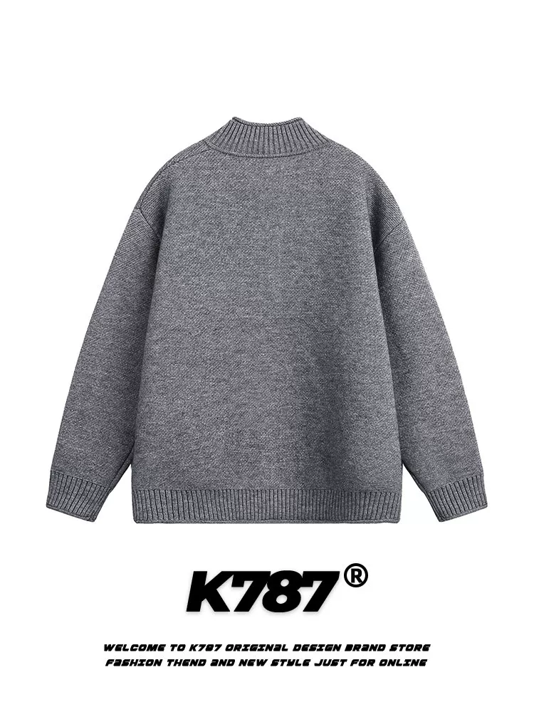 Áo len cardigan cổ tròn phong cách retro đơn giản kiểu Mỹ K787 dành cho nam và nữ, chất liệu dệt kim trơn màu, kiểu dáng năng động.