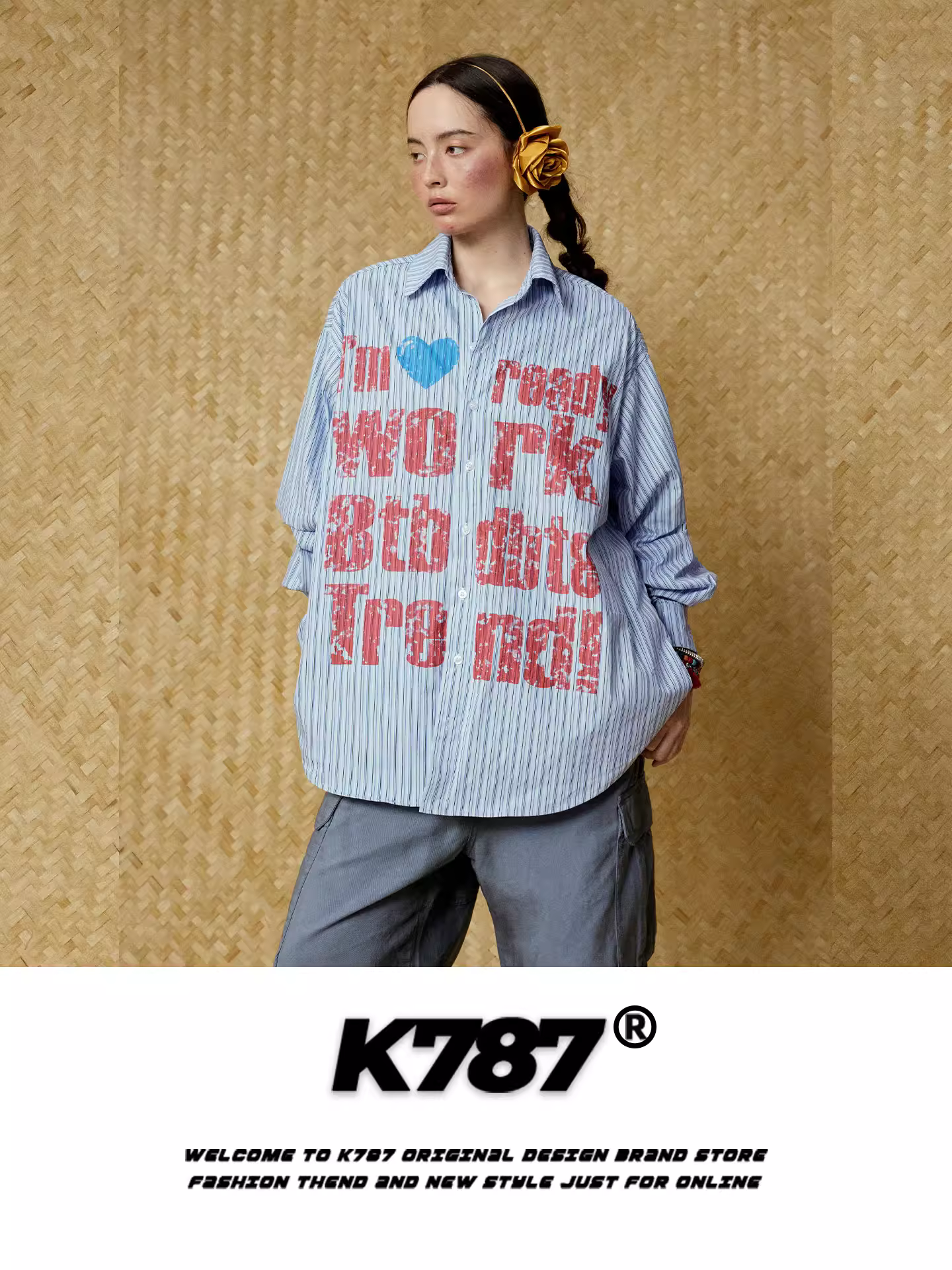 Áo sơ mi dài tay unisex kiểu đường phố Mỹ K787, họa tiết trái tim rách, sọc, thời trang, dáng rộng, áo khoác cặp đôi