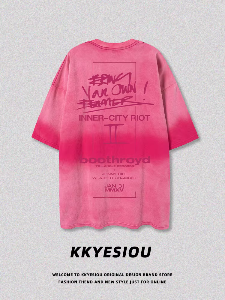 Áo thun ngắn tay kiểu dáng nhuộm màu hồng hồng theo phong cách Mỹ của KKyesiou dành cho nam và nữ áo thun cặp đôi cổ điển kiểu bf
