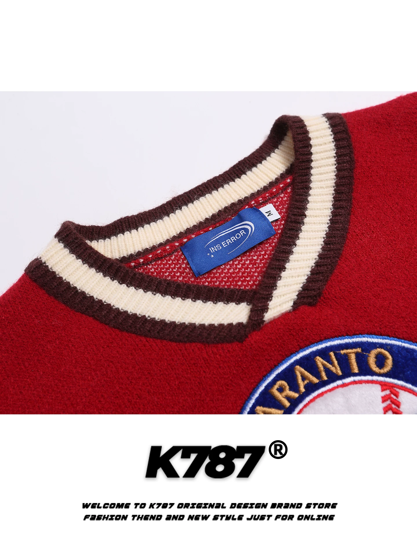 Áo len dệt kim cổ chữ V thêu chữ phong cách retro Mỹ K787 dành cho nam và nữ, kiểu dáng thể thao rộng rãi, thoải mái, áo đôi.